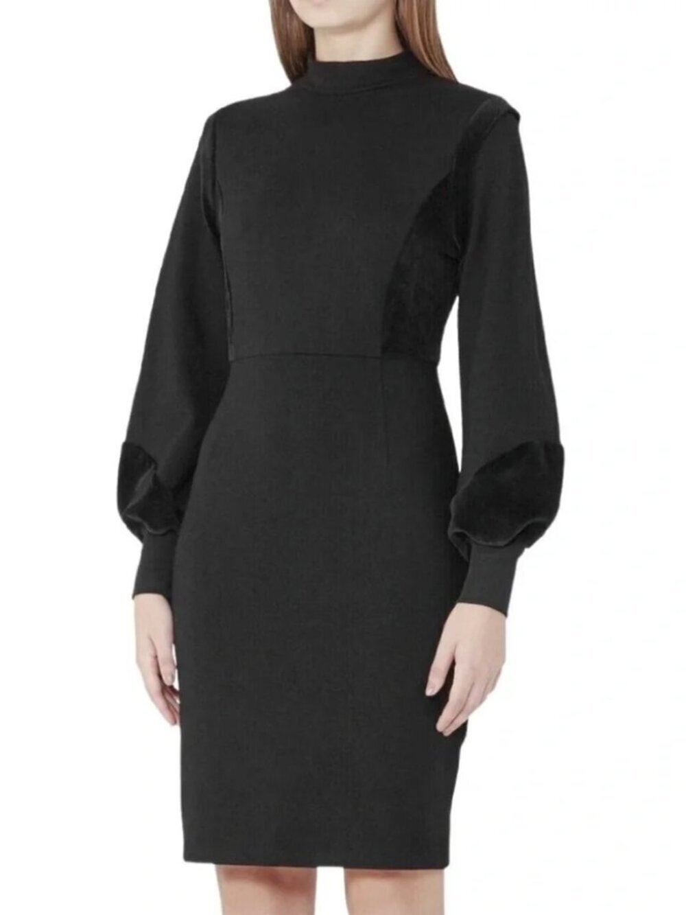 REISS Lulu Velvet Panel Ponte Sheath Dress Long Sleeves in Black US 6 / UK 10